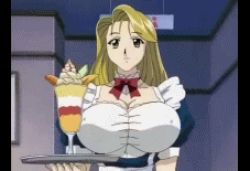 Rule 34 | 1girl, animated, animated gif, anime screenshot, apron, blonde hair, bouncing breasts, bow, bowtie, breasts, choker, cleavage, covered erect nipples, dessert, female focus, food, frills, holding, huge breasts, ice cream, indoors, koishikawa nami, long hair, lowres, nami koishikawa, nami sos!, pillarboxed, plate, shirt, smile, solo, sundae, taut clothes, taut shirt, tray, upper body, waitress, walking