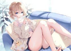 1girl absurdres bare_shoulders bird black_shorts blonde_hair blue_eyes braid breasts cardigan chicken closed_mouth collarbone commission couch crown_braid full_body hair_bun highres hirano_katsuyuki indoors legs looking_at_viewer midriff navel open_cardigan open_clothes original plant potted_plant short_hair shorts sitting skeb_commission solo stuffed_animal stuffed_toy tank_top white_tank_top