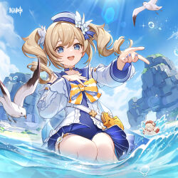 Rule 34 | &gt; &lt;, 2girls, absurdres, animal bag, barbara (genshin impact), barbara (summertime sparkle) (genshin impact), bird, blonde hair, blue eyes, blue nails, blue one-piece swimsuit, blue sky, bow, casual one-piece swimsuit, choker, detached sleeves, drill hair, genshin impact, hat, highres, klee (genshin impact), looking at viewer, multiple girls, official alternate costume, official art, one-piece swimsuit, open mouth, outdoors, reaching, reaching towards viewer, sailor hat, seagull, sitting, sky, smile, solo focus, swimming, swimsuit, teeth, twin drills, twintails, upper teeth only, yellow bow