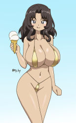 10_ji_lay 1girl bikini black_hair blue_eyes blush breasts closed_mouth el_(girls_und_panzer) food girls_und_panzer gold_bikini ice_cream large_breasts long_hair looking_at_viewer navel simple_background smile solo swimsuit tongue tongue_out