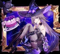 3girls bare_shoulders black_boots black_choker black_dress black_hat boots choker commentary dress fork grey_hair grey_pantyhose hat herta_(honkai:_star_rail) herta_(puppet)_(honkai:_star_rail) high_heel_boots high_heels highres holding holding_fork honkai:_star_rail honkai_(series) knees_up long_hair mini_person minigirl multiple_girls pantyhose purple_eyes revision saint_laurent_paris sitting smile the_herta_(honkai:_star_rail) very_long_hair witch_hat