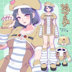 1girl artist_name bag beret black_hair breasts brown_dress brown_gloves brown_hat brown_shoes character_name cleavage commentary cosplay detached_sleeves dress eyeshadow fingerless_gloves full_body gloves gundam gundam_msv hat hat_ornament heart heart_hat_ornament highres juaggu juaggu_(cosplay) leg_warmers long_sleeves looking_at_viewer makeup mecha medium_breasts mobile_suit multiple_views nail_polish o-ring one-eyed parted_lips pencil_dress platform_shoes puffy_short_sleeves puffy_sleeves purple_eyeshadow red_eyes red_nails ribbed_dress robot shira_neri shoes short_hair short_sleeves sleeves_past_wrists smile sparkle standing striped_clothes striped_dress striped_leg_warmers striped_sleeves translated upper_body