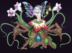 +_+ 1girl absurdres ahoge alraune breasts carnivorous_plant extra_arms fairy_wings fantasy flower full_body grey_hair highres looking_at_viewer medium_hair monster_girl moss navel original plant plant_girl simple_background small_breasts solo tentacles tongue tongue_out towards_a_dream._seulha tree_bark tree_stump vines wings yellow_eyes