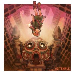 1boy arms_at_sides belt blonde_hair boots border brown_boots child fairy fisheye full_body green_tunic hat highres link male_focus nintendo ora-illustration outside_border parted_lips pointy_ears shield shield_on_back short_sleeves sword sword_on_back tatl the_legend_of_zelda the_legend_of_zelda:_majora&#039;s_mask tunic upside-down weapon weapon_on_back white_border