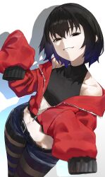 Rule 34 | 1girl, :d, absurdres, bare shoulders, belt, belt buckle, black belt, black eyes, black hair, blue pantyhose, bob cut, breasts, buckle, casual, collarbone, colored inner hair, commentary, covered collarbone, cowboy shot, crop top, denim, denim shorts, drop shadow, empty eyes, eyelashes, from above, from side, gradient hair, grey pantyhose, grin, hair between eyes, head tilt, highres, jacket, looking at viewer, looking to the side, looking up, midriff, monogatari (series), multicolored hair, narrowed eyes, navel, off shoulder, open mouth, oshino ougi, pale skin, pantyhose, pantyhose under shorts, parted lips, partially unzipped, purple hair, red jacket, short hair, short shorts, shorts, sleeveless, sleeveless turtleneck, sleeves past fingers, sleeves past wrists, small breasts, smile, solo, standing, striped clothes, striped pantyhose, symbol-only commentary, tabulagami, turtleneck, two-tone pantyhose, very long sleeves, white background