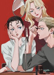1boy 2girls adam&#039;s_apple applying_makeup aqua_eyes black_hair blonde_hair blue_eyes closed_mouth dreadlocks ear_piercing earrings elbows_on_table eyelashes grey_shirt hair_pulled_back hand_on_own_cheek hand_on_own_face hand_up head_rest head_tilt highres jewelry lipstick long_hair looking_ahead looking_at_another makeup mascara_wand meitantei_conan mirror mizunashi_rena multiple_girls parted_bangs parted_lips piercing pinga_(meitantei_conan) profile red_background red_lips roru_(lol_dessin) shirt signature simple_background sleeves_rolled_up stud_earrings undercut upper_body vermouth_(meitantei_conan) white_shirt