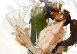 2boys alternate_costume bara beard_stubble closed_eyes couple dark-skinned_male dark_skin doctor dragon_boy dragonborn facial_hair final_fantasy final_fantasy_xiv happy hien_rijin high_ponytail highres holding_hands horns hyur imminent_kiss interlocked_fingers interspecies lab_coat long_hair male_focus mature_male midriff_sarashi multiple_boys muscular muscular_male ponytail sarashi shiyikuaiqingtai_(weibo7279846390) stethoscope stubble thick_eyebrows warrior_of_light_(ff14) watermark weibo_watermark yaoi