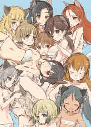 501st_joint_fighter_wing 6+girls alternate_costume animal_ears back bandages black_hair blonde_hair blue_eyes blush breasts brown_eyes brown_hair cat_ears cat_girl charlotte_e._yeager closed_eyes dark-skinned_female dark_skin dog_ears dog_girl eila_ilmatar_juutilainen erica_hartmann eyepatch flat_chest fox_ears fox_girl francesca_lucchini gertrud_barkhorn glasses grey_hair hattori_shizuka highres japanese_clothes large_breasts loincloth long_hair looking_at_viewer looking_back lynette_bishop medium_breasts minna-dietlinde_wilcke miyafuji_yoshika multiple_girls murayama_kei navel open_mouth perrine_h._clostermann rabbit_ears rabbit_girl red_eyes red_hair sakamoto_mio sanya_v._litvyak short_hair simple_background smile strike_witches white_hair wolf_ears wolf_girl world_witches_series yellow_eyes