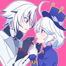 2girls ahoge arlecchino_(genshin_impact) black_hair blue_eyes blue_hair blue_hat blue_jacket cosmetics furina_(genshin_impact) genshin_impact gloves hat highres holding holding_lipstick_tube jacket lipstick_tube long_sleeves monkey_(anokaymonkey) multicolored_hair multiple_girls pink_background short_hair simple_background streaked_hair top_hat white_gloves white_hair white_jacket