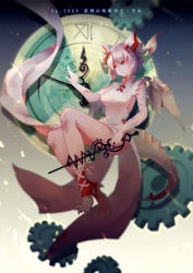 Rule 34 | 1girl, blonde hair, blue eyes, character name, claws, clock, clock hands, dragon girl, dragon horns, dragon tail, dragon wings, dress, female focus, floating, gears, gloves, hair ribbon, highres, horns, myr (p&amp;d), puzzle &amp; dragons, ribbon, short hair, solo, tail, vienri, white dress, white gloves, wings