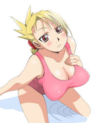 00s 1girl bad_id bad_pixiv_id blonde_hair breasts cleavage female_focus folded_ponytail from_above fullmetal_alchemist large_breasts legs maaru one-piece_swimsuit pointy_breasts red_eyes riza_hawkeye sagging_breasts solo swimsuit thighs