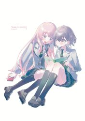 2girls :d :o artist_name bang_dream! bang_dream!_it&#039;s_mygo!!!!! black_socks blazer brown_eyes buttons chihaya_anon collared_shirt colored_eyelashes commentary commission crossed_bangs diagonal-striped_clothes diagonal-striped_necktie english_text fang full_body green_skirt green_socks grey_eyes grey_hair grey_jacket grey_shoes hair_between_eyes haneoka_school_uniform hashtag-only_commentary highres holding holding_notebook holding_pen holding_phone jacket kneehighs knees_up lapels legs_together loafers long_hair long_sleeves looking_ahead looking_at_object multiple_girls necktie notebook open_mouth parted_bangs pen phone plaid_clothes plaid_skirt pleated_skirt pocket school_uniform shirt shoes side-by-side simoco simple_background sitting skirt smile socks striped_clothes striped_necktie takamatsu_tomori very_long_hair watermark watermark_grid white_background white_shirt winter_uniform