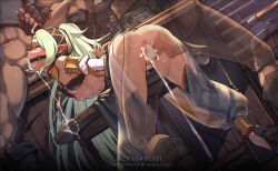 1girl 2boys ahegao alternate_costume anus arms_behind_back ass bent_over black_thighhighs blush breasts censored cosplay cum cum_in_mouth cum_in_pussy cum_overflow dancer double_penetration fellatio fingerless_gloves fire_emblem fire_emblem_awakening fire_emblem_heroes gag gagged gloves green_eyes green_hair high_heels highres kanchigai long_hair mosaic_censoring multiple_boys nintendo nipples nowi_(fire_emblem) olivia_(fire_emblem) olivia_(fire_emblem)_(cosplay) oral penis pointy_ears ponytail rape restrained ring_gag rolling_eyes small_breasts spitroast standing thighhighs vaginal very_long_hair