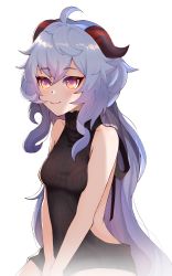 1girl absurdres ahoge artist_name backless_dress backless_outfit blue_hair blush breasts dress female_focus ganyu_(genshin_impact) genshin_impact highres horns long_hair medium_breasts meme_attire multicolored_eyes sidelocks simple_background smile solo sweater turtleneck turtleneck_sweater very_long_hair virgin_killer_sweater wokiiarts