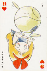 1980s_(style) 1girl blonde_hair blush card card_(medium) child gundam hair_ribbon haro heart highres kikka_kitamoto magazine_scan mobile_suit_gundam nine_of_hearts official_art oldschool playing_card poker promotional_art retro_artstyle ribbon robot scan science_fiction traditional_media translation_request yasuhiko_yoshikazu