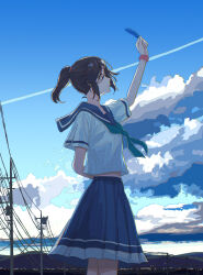 Rule 34 | 1girl, 555emauma, aqua neckerchief, arm behind back, blue sailor collar, blue skirt, blue sky, brown hair, closed mouth, cloud, contrail, day, feathers, hibike! euphonium, highres, holding, holding feather, kasaki nozomi, ligne claire, liz to aoi tori, long hair, mountainous horizon, neckerchief, outdoors, pleated skirt, ponytail, power lines, sailor collar, shirt, short sleeves, skirt, sky, solo, standing, utility pole, white shirt