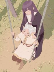 Rule 34 | 2girls, 55bata6rou, behind another, black robe, blunt bangs, boots, brown boots, capelet, closed eyes, closed mouth, dress, elf, fern (sousou no frieren), frieren, from above, full body, grass, grey hair, hands on another&#039;s shoulders, highres, long hair, long sleeves, multiple girls, on swing, outdoors, parted bangs, pointy ears, purple hair, robe, shirt, sidelocks, sitting, smile, sousou no frieren, standing, straight hair, striped clothes, striped shirt, swing, tree, twintails, white capelet, white dress