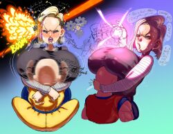 1girl 2boys android_18 bald bald_male blonde_hair blue_eyes blush breasts confused couple dr._gero_(dragon_ball) dragon_ball drooling english_text excited face_to_breasts hug husband_and_wife kuririn large_breasts multiple_boys muscular muscular_male nipple_visible_through_shirt sweat