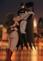1boy 1girl absurdres armlet ass batman batman_(series) batman_symbol black_cape black_hair bodysuit bruce_wayne cape carrying carrying_person city city_lights couple dc_comics diana_prince grey_bodysuit highres huge_ass jewelry jso justice_league large_pectorals leotard long_hair muscular muscular_female muscular_male pectorals photo_background superhero_costume thick_thighs thighs wonder_woman wonder_woman_(series)