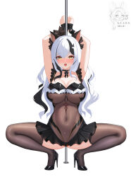 1girl absurdres animal_ears arms_up black_hair black_shoes black_skirt blush bound bound_arms breasts brown_thighhighs covered_navel high_heels highres large_breasts long_hair looking_at_viewer microskirt multicolored_hair nanqizizhou open_mouth original pleated_skirt pole shoes skirt solo spread_legs squatting stiletto_heels stripper_pole thighhighs two-tone_hair white_hair wide_spread_legs yellow_eyes