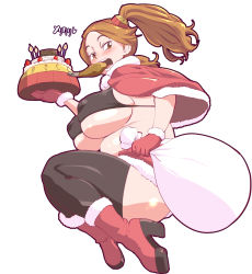 10s 1girl bikini bikini_top_only bird black_bikini black_thighhighs boots breasts brown_eyes brown_hair cake chicken chicken_(food) covered_erect_nipples female_focus food food_in_mouth gloves gundam gundam_build_fighters gundam_build_fighters_try high_heels huge_breasts long_hair looking_at_viewer midair plump red_gloves sack sazaki_kaoruko solo swimsuit text_focus thick_thighs thighhighs thighs touge_hiro translation_request twintails underboob