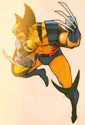 1boy angry arm_hair bengus bodysuit capcom claw_(weapon) clenched_hands facial_hair facing_to_the_side game_cg gloves highres male_focus marvel marvel_vs._capcom marvel_vs._capcom_2 mask muscular muscular_male no_pupils non-web_source open_mouth pectorals sidelighting solo superhero_costume teeth two-tone_bodysuit weapon wolverine_(x-men) x-men yellow_bodysuit