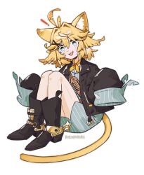 1girl :3 ahoge animal_ears artist_name bandolier belt black_boots black_jacket blonde_hair boots cat_ears cat_girl cat_tail commentary cowboy_boots dokibird_(vtuber) dokibird_(vtuber)_(bounty_hunter) english_commentary feather_hair full_body green_eyes green_shirt hair_ornament indie_virtual_youtuber jacket looking_at_viewer necktie open_clothes open_jacket open_mouth renkkai shirt simple_background sleeves_past_fingers sleeves_past_wrists smile solo spurs striped_clothes striped_shirt tail vertical-striped_clothes vertical-striped_shirt virtual_youtuber white_background x_hair_ornament yellow_necktie