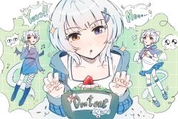 1girl angel_and_devil angel_wings animal_ears bang_dream! bang_dream!_it&#039;s_mygo!!!!! bangjinjin82 black_boots black_dress blue_eyes blue_jacket boots bowl cat_ears cat_girl cat_tail clothing_cutout commentary demon_wings dress drooling fishnet_pantyhose fishnets food fruit hair_ornament hairclip hashtag-only_commentary heterochromia highres jacket kaname_raana kemonomimi_mode matcha_(food) pantyhose raana_the_cat short_hair shoulder_cutout single_leg_pantyhose strawberry tail tank_top white_hair white_tank_top wings yellow_eyes