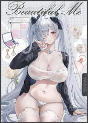 1girl alternate_costume bandeau black_bow black_jacket black_panties blush bow bra breasts choker cinderella_(beautiful_me)_(nikke) cinderella_(nikke) cleavage closed_mouth earrings flower goddess_of_victory:_nikke hair_bow hair_ornament hair_over_one_eye highres jacket jewelry lace lace-trimmed_bra lace_trim large_breasts long_hair long_sleeves makeup midriff mrr_05 navel necklace official_alternate_costume open_clothes open_jacket panties red_eyes see-through_clothes solo stomach thighhighs thighs twintails underwear very_long_hair white_bra white_hair white_thighhighs