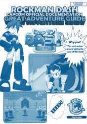 Rule 34 | absurdres, armor, armored boots, armored gloves, blue ink, boots, english text, guide, hairband, highres, looking at viewer, mega man (series), mega man legends, mega man legends (series), mega man volnutt, monochrome, official art, servbot (mega man), shoulder armor, simple background, sitting, speech bubble, spiked hair, title, tron bonne (mega man), white background
