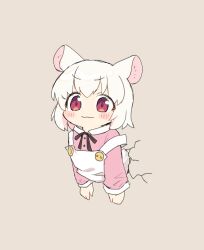 1girl animal_ears apron crack cracked_wall dress highres kamune250 mouse_ears mouse_girl original pink_dress red_eyes short_hair smile solo strap_slip stuck through_wall white_apron white_hair