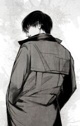 1boy black_coat black_hair black_reaper black_shirt coat collared_coat collared_shirt glasses hands_in_pockets highres kaneki_ken long_sleeves looking_at_viewer looking_back male_focus red_eyes shirt short_hair simple_background solo stfr_(stfr_kaz) tokyo_ghoul tokyo_ghoul:re white_background
