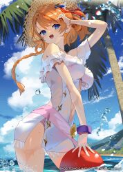 1girl :d absurdres arm_up atelier_(series) atelier_resleriana ball beach beachball bikini bikini_under_clothes blue_eyes blue_sky bracelet braid breasts clothing_cutout cloud copyright_notice cowboy_shot day dress frilled_dress frills hair_ornament hairclip hand_up hat highres jewelry large_breasts long_hair looking_at_viewer navel_cutout ocean official_alternate_costume official_art open_mouth outdoors palm_tree pink_bikini resna_sternenlicht resna_sternenlicht_(pretty_summer) scottie_(phantom2) see-through_clothes sky smile solo standing straw_hat sun_hat swimsuit tree water white_dress