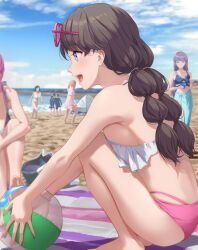 2girls anyoji_hime ball beach beach_towel beachball bikini black_hair blue_sky breasts brown_hair cloud commentary_request fujishima_megumi fujishima_megumi_(swimsuit) highres hinoshita_kaho hinoshita_kaho_(swimsuit) holding holding_ball link!_like!_love_live! long_hair love_live! medium_breasts momose_ginko multiple_girls orange_hair otomune_kozue otomune_kozue_(swimsuit) outdoors pink_bikini pink_hair purple_hair shamakho sky solo_focus squatting swimsuit towel virtual_youtuber water white_bikini