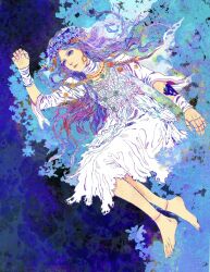 Rule 34 | 1girl, barefoot, blue background, blue eyes, braid, cracked skin, doll joints, dress, elden ring, elden ring nightreign, feet, flower wreath, frilled dress, frills, full body, hand up, highres, jewelry, joints, lantherodon, long hair, low twin braids, lying, on back, parted bangs, revenant (elden ring), simple background, solo, torn clothes, twin braids, veil, white dress, white veil, wide sleeves