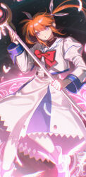 1girl absurdres bow bowtie commentary gootai highres long_hair lyrical_nanoha magical_girl mahou_shoujo_lyrical_nanoha orange_hair purple_eyes red_bow red_bowtie shoes solo takamachi_nanoha twintails winged_shoes wings