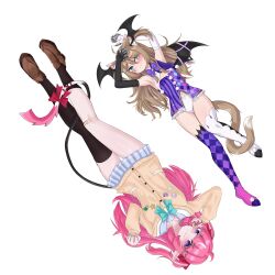 2girls ahoge animal_ears armpits arms_up asymmetrical_legwear bandaid bandaid_on_knee bandaid_on_leg bell black_thighhighs blue_eyes blue_skirt blush bodice bow bowtie brown_cardigan camila_(vtuber) cardigan cat_ears cat_girl cat_tail closed_mouth clothing_cutout cosplay costume_switch demon_girl demon_tail demon_wings diamond-shaped_pupils diamond_(shape) diamond_facial_mark facial_mark fang full_body hair_between_eyes hair_ornament hairclip head_wings heart heart_hair_ornament indie_virtual_youtuber legs loafers long_glove long_hair looking_at_viewer multiple_girls navel navel_cutout neuro-sama pink_hair pleated_skirt pointy_ears pom_pom_(clothes) purple_eyes ritspi shoes simple_background skin_fang skirt symbol-shaped_pupils tail thighhighs two_side_up white_background wings