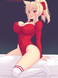 1girl animal_ears arm_support bed blonde_hair blush bow breasts cat_ears cat_girl cat_tail cleavage collarbone covered_erect_nipples fang hair_bow large_breasts leotard long_hair long_sleeves looking_at_viewer nottytiffy on_bed on_pillow open_mouth original pillow ponytail red_bow red_eyes red_leotard sitting slit_pupils smile tail teeth thighhighs tiffy_(nottytiffy) tongue tongue_out white_thighhighs