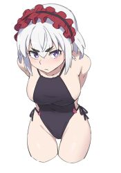 1girl alternate_breast_size black_one-piece_swimsuit breasts chaika_bogdan commentary_request cowboy_shot cropped_legs frown hairband halterneck highres hitsugi_no_chaika large_breasts lolita_hairband mismatched_eyebrows nyum one-piece_swimsuit purple_eyes red_hairband sideboob solo swimsuit thick_eyebrows white_hair