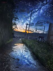 Rule 34 | absurdres, banishment, blue sky, building, cloud, dirt road, evening, grass, highres, house, lamppost, landscape, meteor, milky way, mountainous horizon, night, no humans, original, outdoors, puddle, reflection, reflective water, road, scenery, signature, sky, star (sky), starry sky, summer, sunset, traffic light