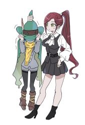 Rule 34 | 2girls, ascot, bare legs, belt, black boots, black pantyhose, black skirt, black vest, boots, brown boots, brown hair, cape, commentary, dalidari27, full body, green cape, green eyes, green hat, grey jacket, grey shorts, hanging, hat, hat belt, hat feather, hat over eyes, headwear pull, high heel boots, high heels, highres, instrument, jacket, kimi no koto ga dai dai dai dai daisuki na 100-nin no kanojo, long hair, long sleeves, multiple girls, nakaji uto, ocarina, pantyhose, pantyhose under shorts, pleated skirt, ponytail, puffy long sleeves, puffy sleeves, scarf, shirt, shorts, simple background, skirt, torotoro kishika, trembling, very long hair, vest, white ascot, white background, white shirt, yellow scarf