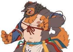 1boy angry animal_ears belly biceps brown_fur bulge claws commentary_request dog_boy dog_ears dog_nose dog_tail fundoshi furry furry_male iwakuma7 japanese_clothes korean_commentary looking_to_the_side male_focus multicolored_fur muscular muscular_male navel nipples orange_fur pawpads pectorals plump screaming tail tayangsuyi_(xxl) white_background xxl_woofia