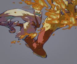 aqua_eyes blaziken claws closed_mouth colored_sclera creatures_(company) game_freak gen_3_pokemon grey_background highres horns kicking nintendo outstretched_leg pokemon pokemon_(creature) simple_background solo wulie_errr yellow_sclera