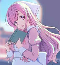 1girl apron artist_request back_bow blurry blurry_background book bow bowtie breasts check_artist commentary_request commission day dot_nose happy highres holding holding_book indie_virtual_youtuber juliet_sleeves kneeichigo light_smile long_hair long_sleeves looking_at_viewer medium_breasts open_mouth outdoors pink_eyes pink_hair pink_shirt puffy_sleeves red_bow red_bowtie second-party_source shirt skirt solo standing sunlight two-handed upper_body urban waist_apron white_apron white_hair wing_collar