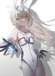 Rule 34 | 1girl, animal ears, az (zero glvimayhop), bare shoulders, black gloves, breastless clothes, breastless leotard, code: battle seraph (elsword), cowboy shot, detached collar, elsword, eve (elsword), fake animal ears, fake tail, flat chest, gloves, grey hair, highres, leotard, long hair, looking at viewer, mark under both eyes, playboy bunny, rabbit ears, rabbit tail, shadow, simple background, solo, tail, white background, white leotard, wrist cuffs, yellow eyes