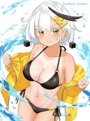 Rule 34 | 1girl, bikini, black bikini, breasts, cleavage, hazakura hinata, highres, jacket, large breasts, navel, original, side-tie bikini bottom, solo, swimsuit, undressing, white hair, yellow eyes, yellow jacket, yukika (hazakura hinata)