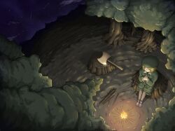1girl axe blonde_hair boots campfire coat commentary_request fate/grand_order fate_(series) forest green_coat green_hat hat highres nature night night_sky no_gloves outdoors own_hands_together pantyhose paul_bunyan_(fate) short_hair sky solo star_(sky) starry_sky tree_stump yana_abudeyurehito