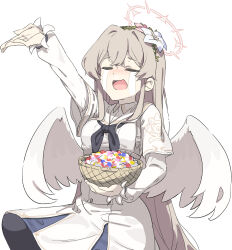 1girl :d angel_wings basket black_neckerchief blue_archive blush brown_hair buttons capelet closed_eyes commentary confetti cowboy_shot crossed_bangs crying csham double-breasted dress flower hair_between_eyes hair_ornament halo happy highres holding holding_basket leaf_hair_ornament long_hair long_sleeves low_wings nagisa_(blue_archive) neckerchief nose_blush open_hand open_mouth outstretched_arm pink_flower pink_halo puffy_long_sleeves puffy_sleeves school_uniform serafuku smile solo straight_hair streaming_tears tears very_long_hair white_capelet white_dress white_flower white_serafuku white_wings wings