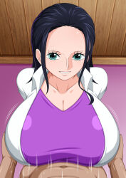 1boy 1girl breasts cleavage highres huge_breasts koktter long_hair nico_robin one_piece paizuri smile