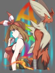 1girl absurdres arm_at_side back-to-back bare_shoulders blaziken blue_eyes breasts brown_hair closed_mouth creatures_(company) cropped_torso fanny_pack fingernails fire from_side game_freak gen_3_pokemon hairband hand_up highres himuro_yukichiko holding holding_poke_ball long_hair may_(pokemon) medium_breasts mega_blaziken mega_evolution_symbol mega_pokemon nintendo poke_ball poke_ball_(basic) pokemon pokemon_(creature) pokemon_oras red_hairband red_shirt shirt tank_top